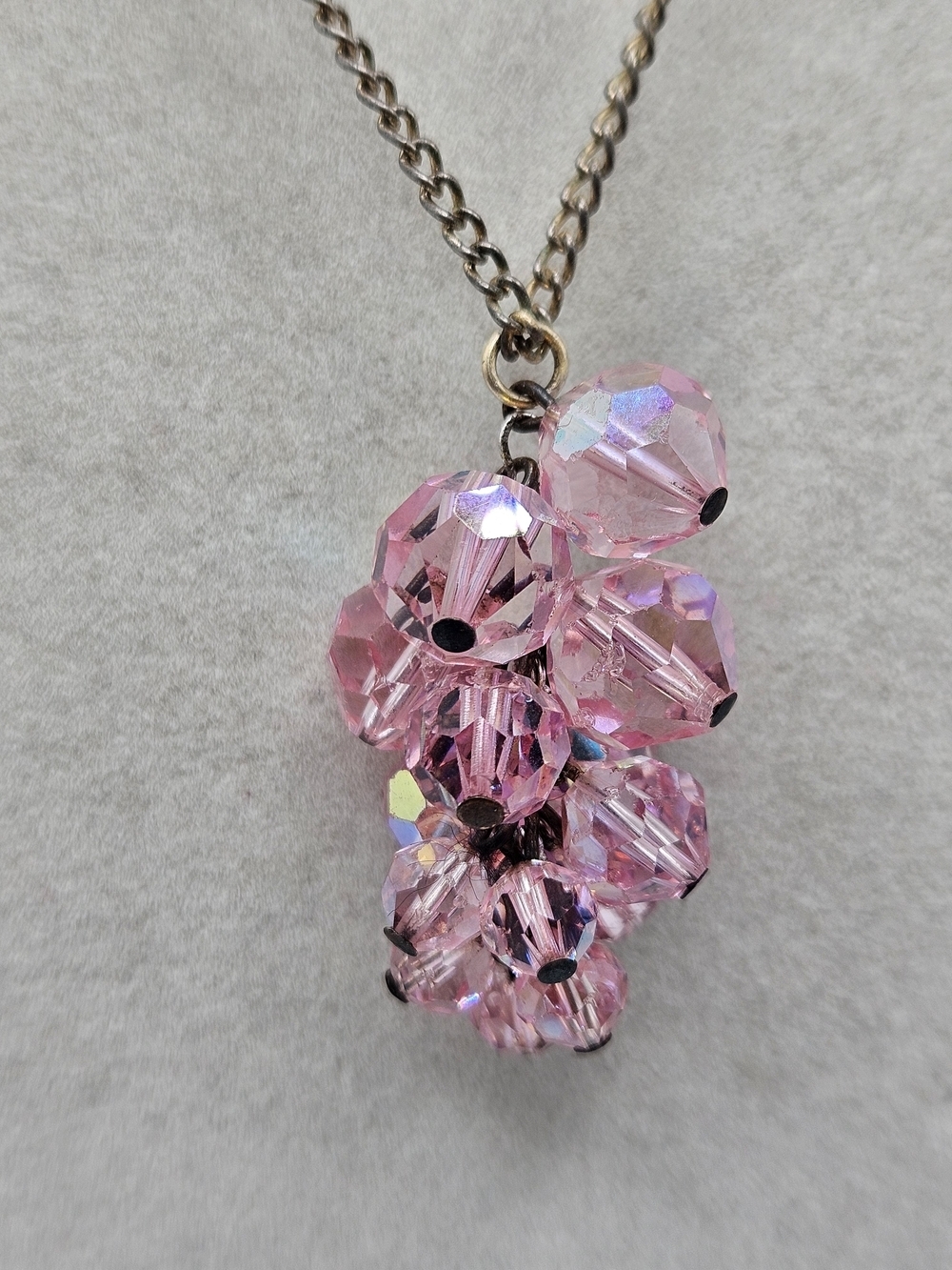 VINTAGE Pink Faceted Crystal Dangle Cluster Pendant Necklace Unique Clasp